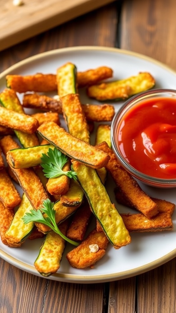 Crispy Baked Zucchini Fries Recipe Crispy baked zucchini fries on a plate with marinara sauce, garnished with parsley.